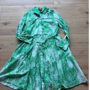 Kobi Halperin Green Paisley Cotton Tiered Shirt Dress Womens size Small